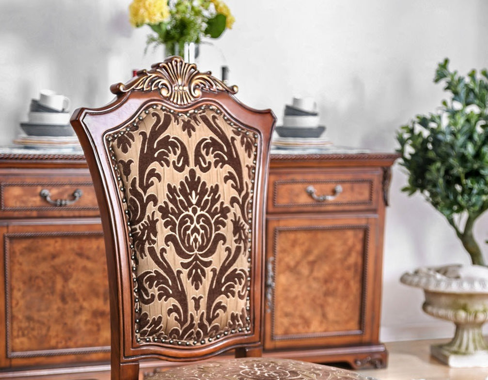 Traditional Fancy Set of 2pcs Side Chairs Brown Cherry Solid wood Intricate Carved Details Floral Design Print Fabric Seats Formal Dining Room Furniture