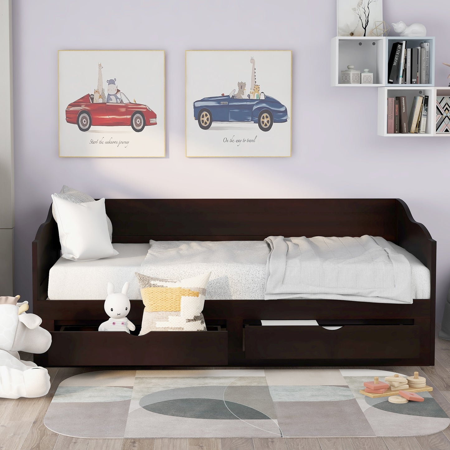 Wooden Daybed with Trundle Bed and Two Storage Drawers ; &nbsp;Extendable Bed Daybed; Sofa Bed with Two Drawers; Espresso