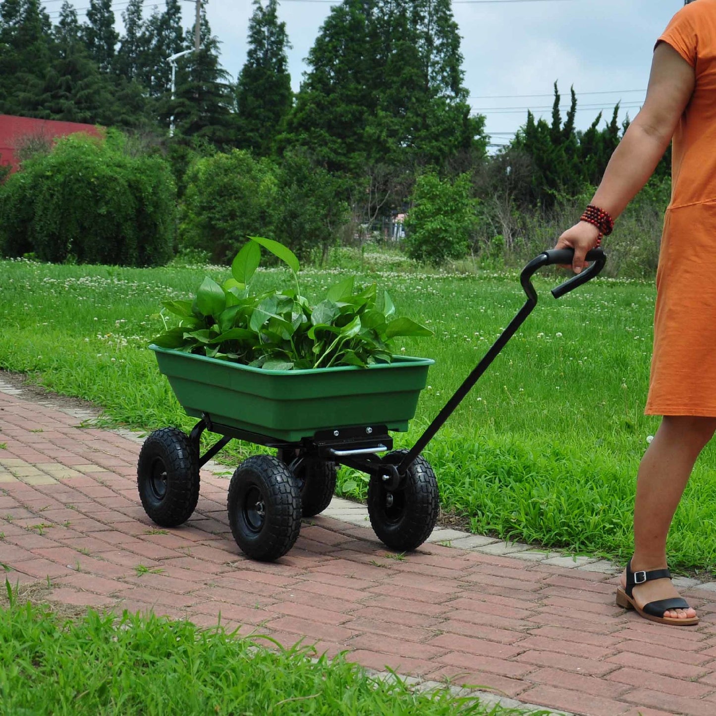 Folding car Poly Garden dump truck with steel frame, 10 inches. Pneumatic tire, 300 lb capacity body 55L Green