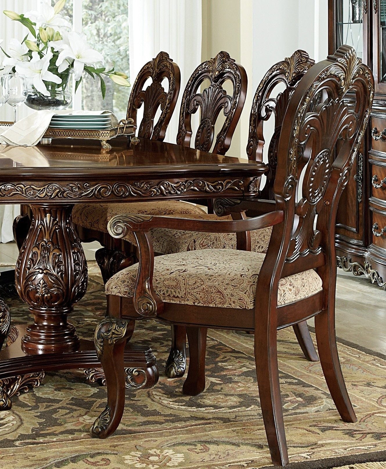 Traditional Formal Armchairs Set of 2 Cherry Finish with Gold Tipping Fabric Upholstery Wooden Dining Room Furniture