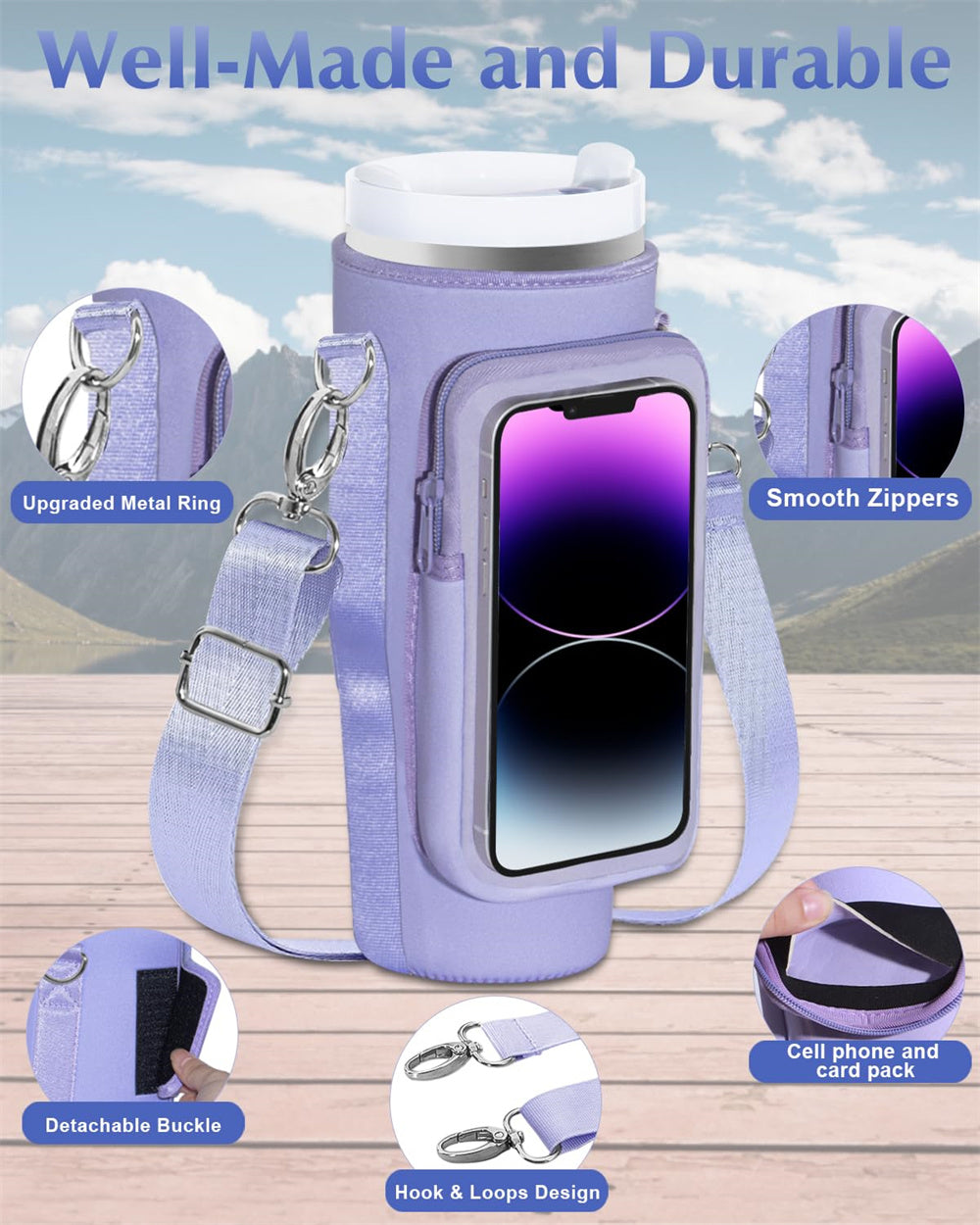 Water Bottle Carrier Bag with Touch Screen Phone Pocket for Stanley 40oz Tumbler