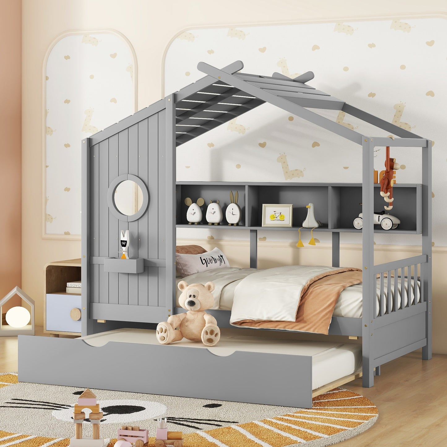 Wooden Twin Size House Bed With Trundle, Modern Design for Kids with Storage Shlef, Gray