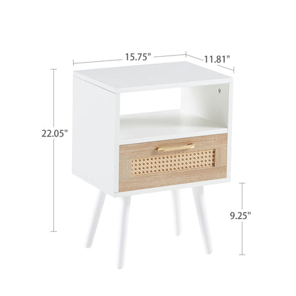 15.75" Rattan End table with drawer and solid wood legs, Modern nightstand, side table for living room, bedroom, white