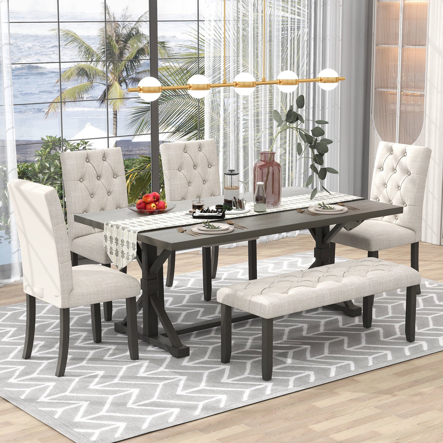 TREXM 6-Piece Farmhouse Dining Table Set 72" Wood Rectangular Table, 4 Upholstered Chairs with Bench (Gray)