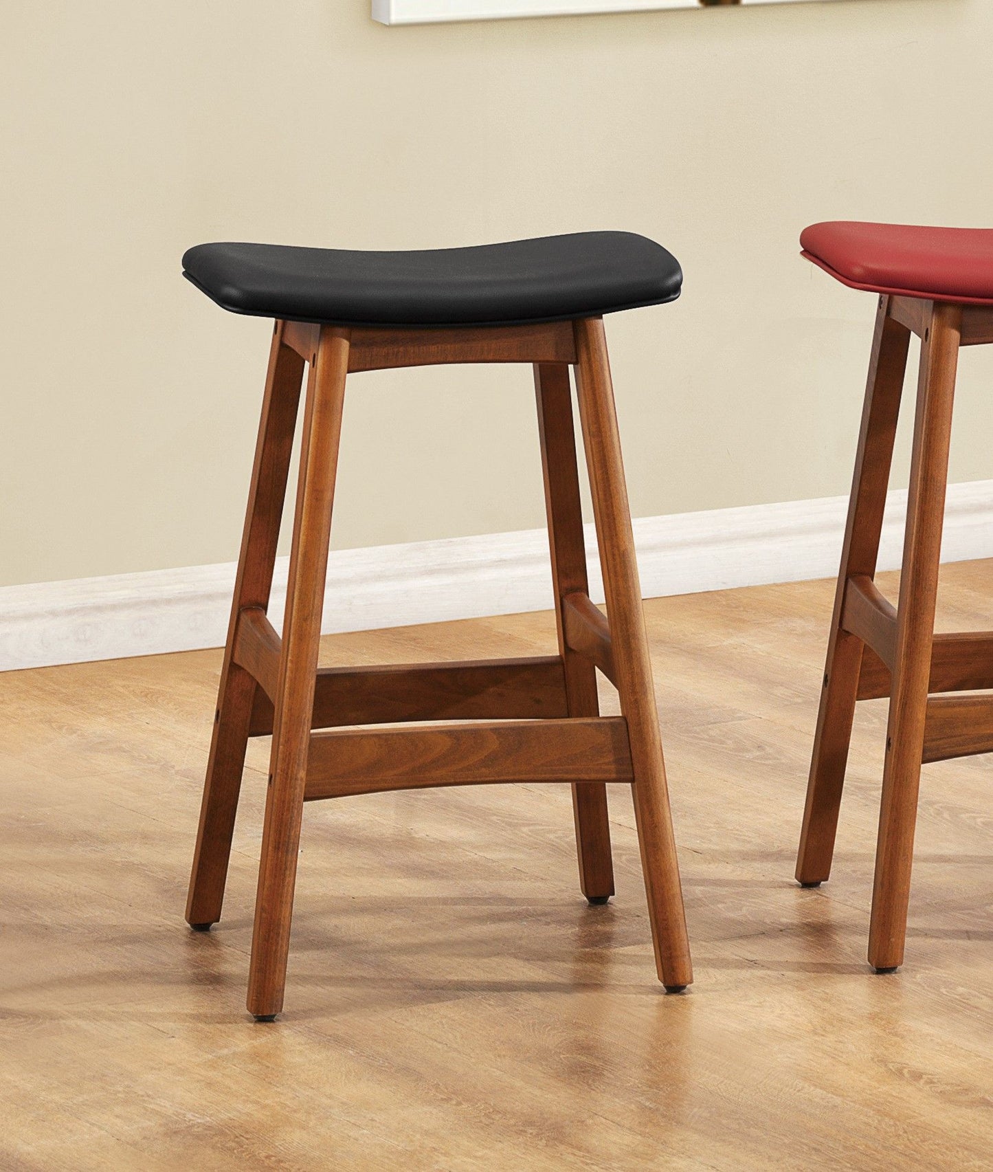 Solid Wood Walnut Finish Counter Height Stools Set of 2 Matt Black Faux Leather Seat Mid-Century Modern Barstools Kitchen Dining Furniture