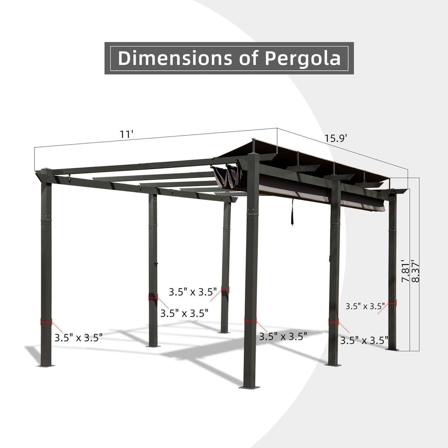 11 X 16 FT Outdoor Living Outdoor Retractable Pergola with Weather-Resistant Canopy Aluminum Garden Pergola Patio Grill Gazebo for Courtyard -Dark Gray