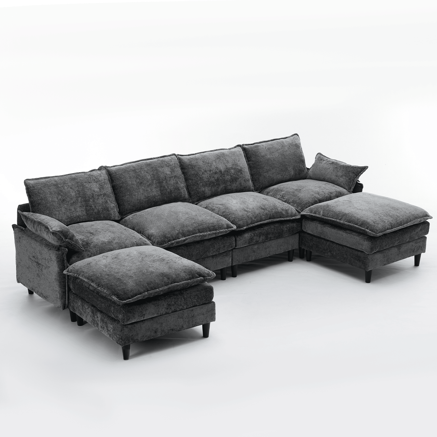 [NEW ARRIVED]Modular Sofa,U Shaped Cloud Couch Comfy Set ,6-Seater, 2 Armrest Pillows,Convertible Sectional Couch, Living Room,Apartment, Chenille(2 Movable Ottoman), Dark Gray