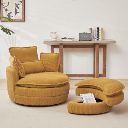 38" Modern Accent Round Swivel Barrel Oversized Chair with Moon Storage Ottoman & 4 Pillows in Yellow Corduroy