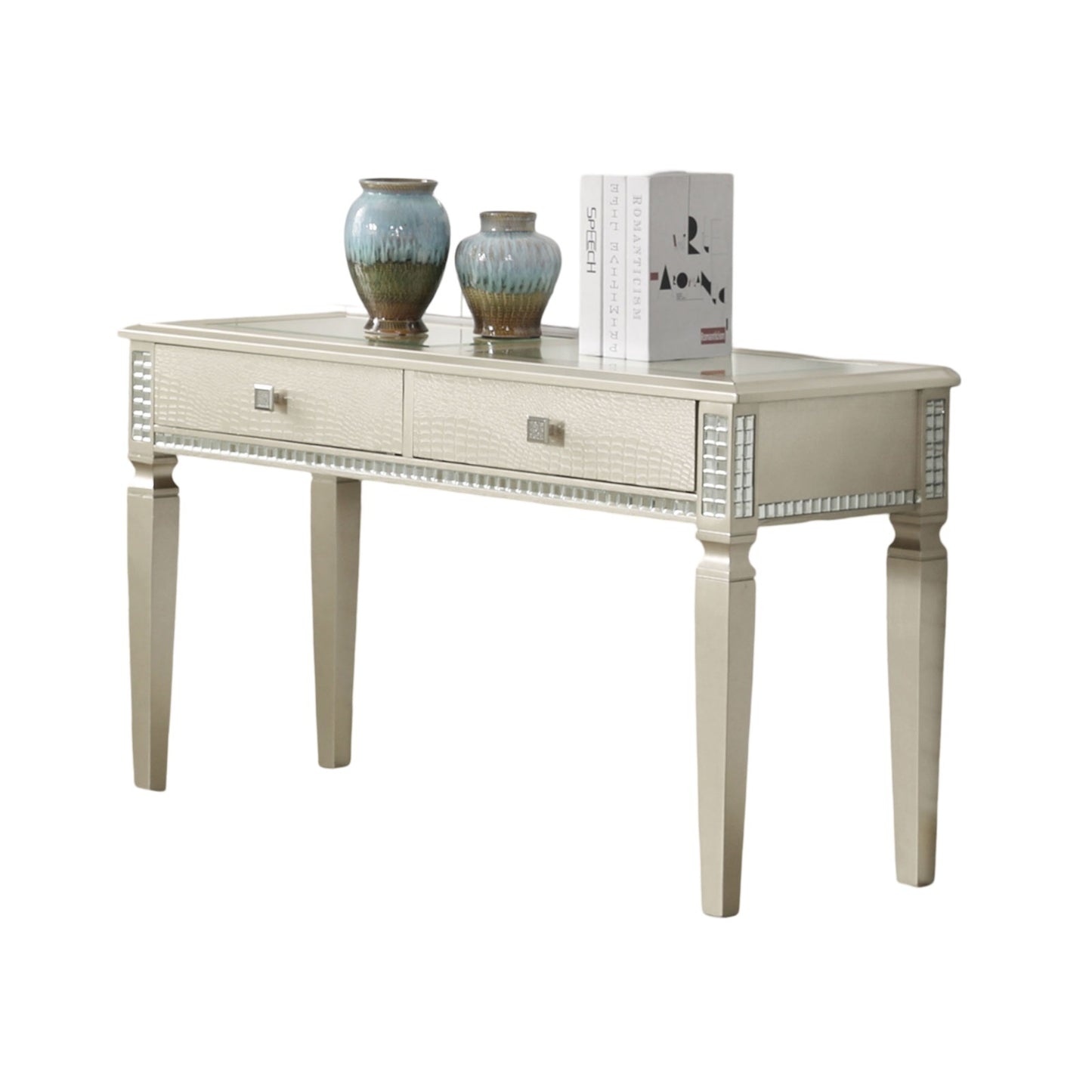 Sofa Table Silver Glam Storage Drawers Table 5mm Tempered Glass Top w/ Diamond Pattern Living Room 1pc Side Table.