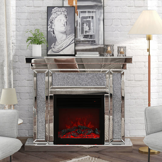 W 47 inch X D 12.6 inch X H 41.7 inch Acrylic diamond mirror mantelpiece, separate mantelpiece Built-in filling: acrylic high imitation drill, 1500 W electric heating furnace