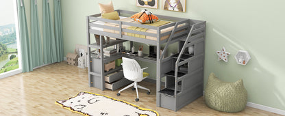 Twin Size Loft Bed with Desk and Shelves, Two Built-in Drawers, Storage Staircase, Gray