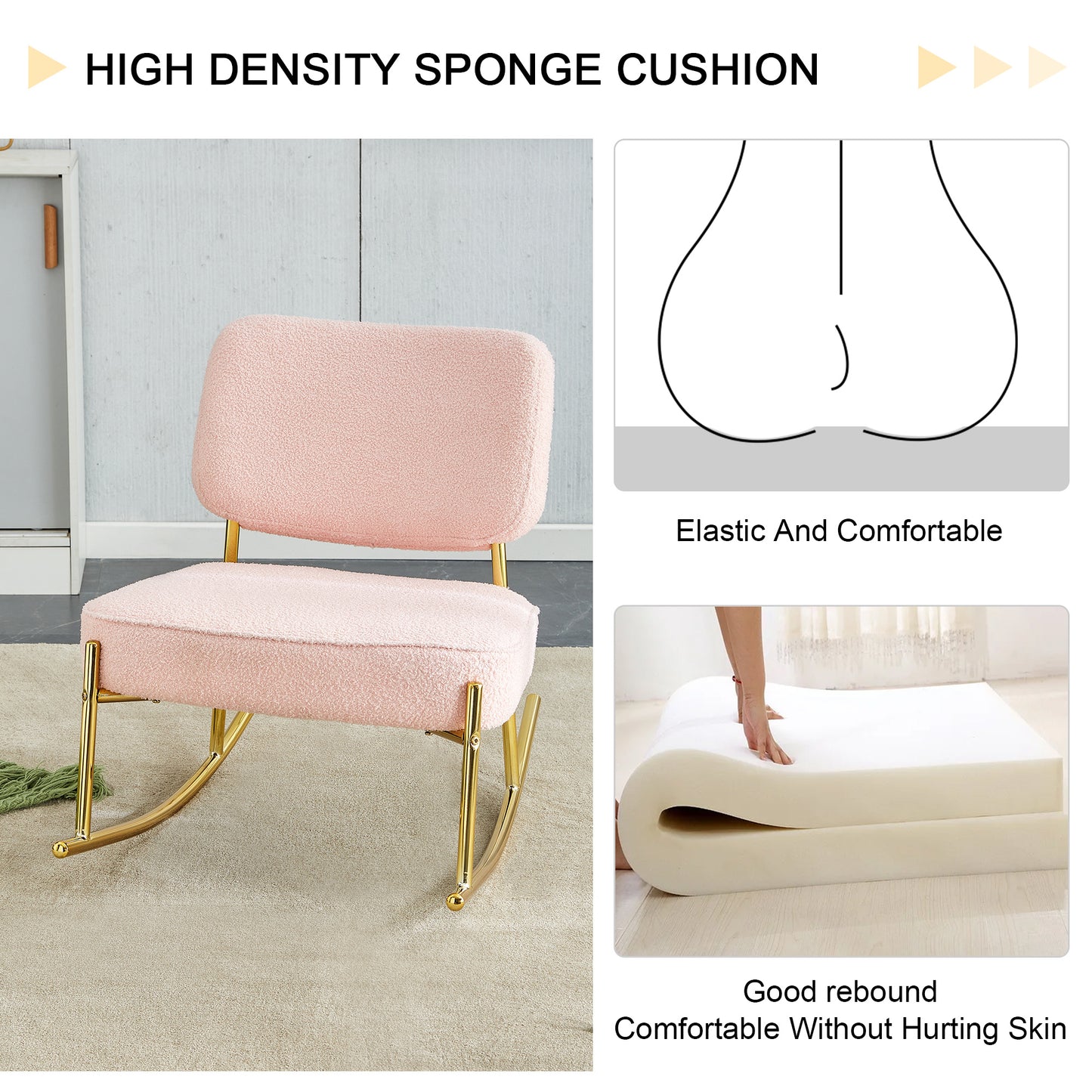 Teddy velvet material cushioned rocking chair, unique rocking chair, cushioned seat, pink backrest rocking chair, and golden metal legs. Comfortable side chairs in the living room, bedroom, and office