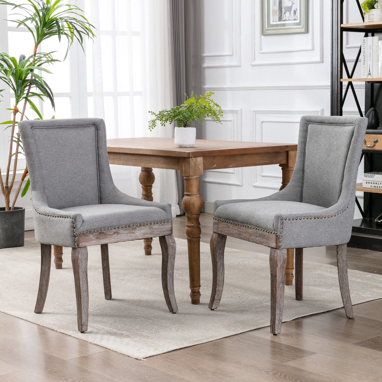 A&A Furniture,Ultra Side Dining Chair, Thickened fabric chairs with neutrally toned solid wood legs, Bronze nail head, Set of 2, Gray