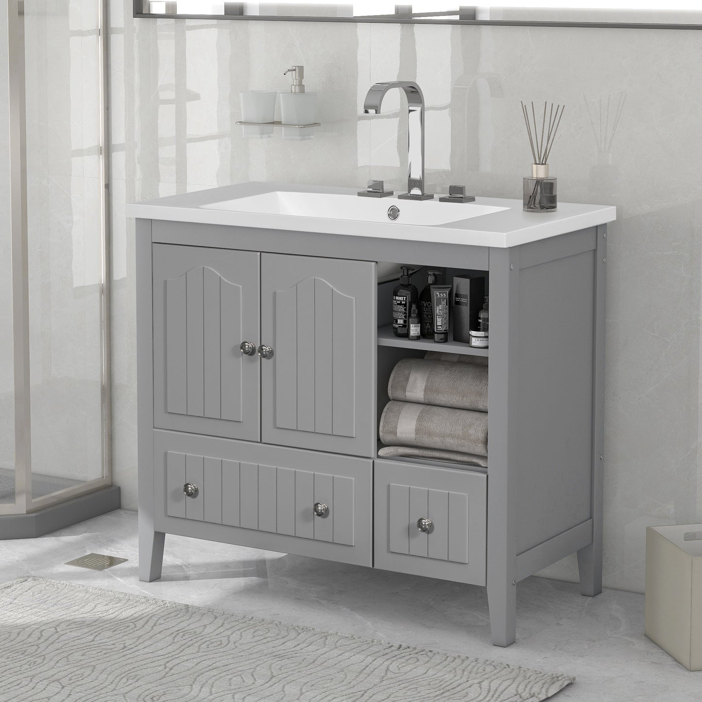 Bathroom Vanity with Ceramic Basin, Storage Cabinet, Two Doors and Drawers