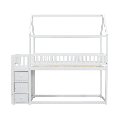 TWIN/TWIN HOUSE BUNK BED WITH SHELVES AND DRAWERS FOR WHITE COLOR