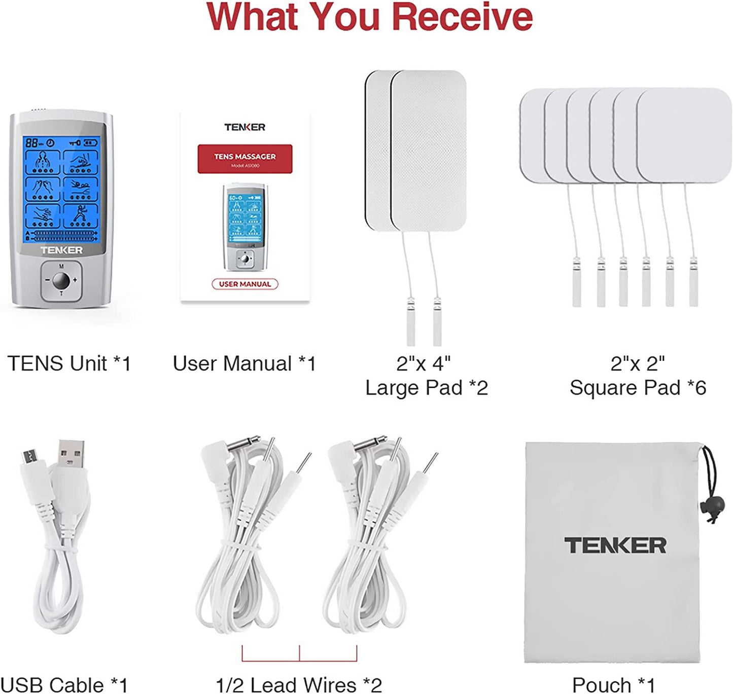 TENKER EMS TENS Unit Muscle Stimulator, 24 Modes Dual Channel Electronic Pulse Massager for Pain Relief/Management & Muscle Strength Rechargeable TENS Machine with 8 Pcs Electrode Pads