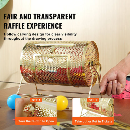 VEVOR Raffle Drum,Holds 2500 Tickets or 100 Ping Pong Balls, Metal Lottery Spinning Drawing with Wooden Turning Handle,11.6 x Ø7.48 inch Brass Plated Raffle Ticket Spinning Cage, for Bingo Ballot Pa