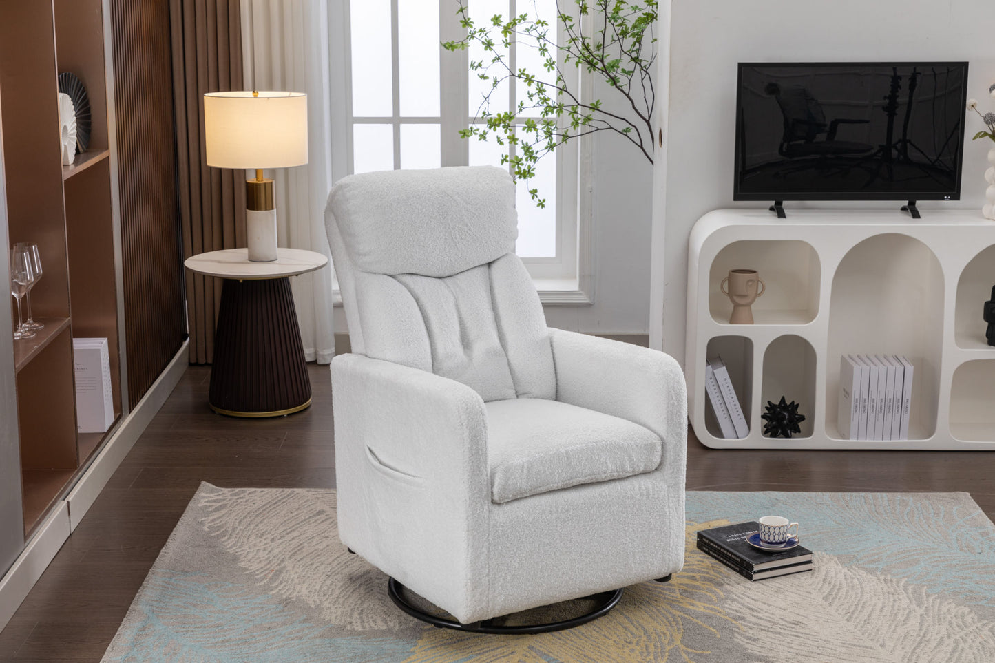 022-Teddy Fabric Swivel Rocking Chair Gilder Chair With Pocket,White