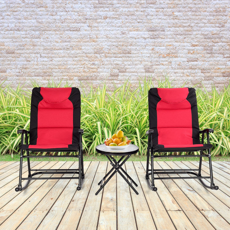 3 Pieces Outdoor Folding Rocking Chair Table Set with Cushion