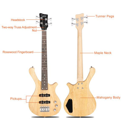 [Do Not Sell on AmazonGlarry GW101 36in Small Scale Electric Bass Guitar Suit With Mahogany Body SS Pickups, Guitar Bag, Strap, Cable Burlywood