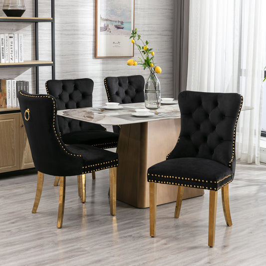 A&A Furniture,Nikki Collection Modern, High-end Tufted Solid Wood Contemporary Velvet Upholstered Dining Chair with Golden Stainless Steel Plating Legs,Nailhead Trim,Set of 2, Black and Gold, SW1601BK