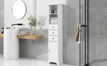 White Tall Bathroom Cabinet, Freestanding Storage Cabinet with 3 Drawers and Adjustable Shelf, MDF Board with Painted Finish