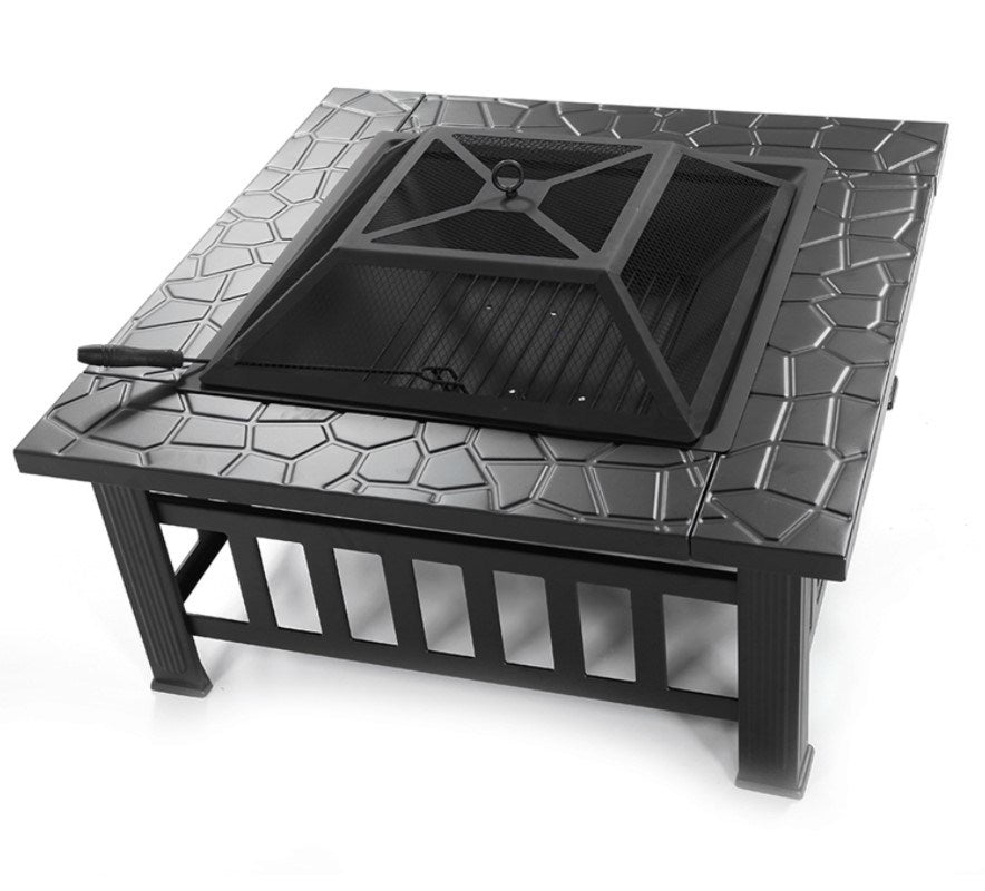 Fire Pit Table 32in Square Metal Firepit Stove Backyard Patio Garden Fireplace for Camping, Outdoor Heating, Bonfire and Picnic