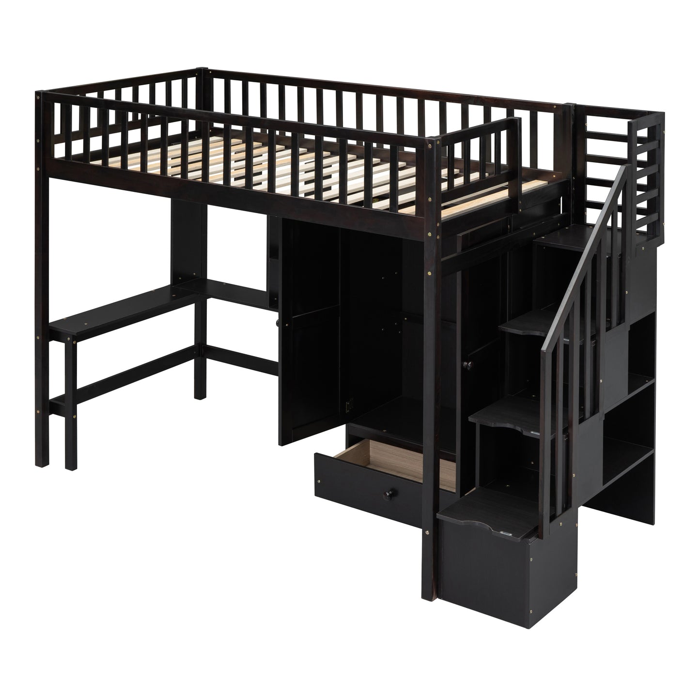 Twin size Loft Bed with Bookshelf,Drawers,Desk,and Wardrobe-Espresso